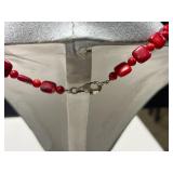 Vintage Jewelry Set: Coral Red Necklace, Double-Strand Bead Bracelet, and Brooch