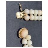 Vintage Jewelry Set: Coral Red Necklace, Double-Strand Bead Bracelet, and Brooch