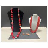 Vintage Coral and Red Beaded Jewelry Set with Clip, Necklaces, and Ring