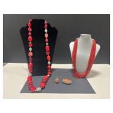 Vintage Coral and Red Beaded Jewelry Set with Clip, Necklaces, and Ring