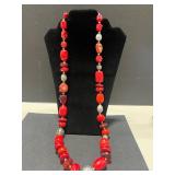 Vintage Coral and Red Beaded Jewelry Set with Clip, Necklaces, and Ring