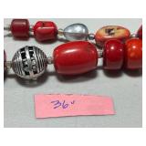 Vintage Coral and Red Beaded Jewelry Set with Clip, Necklaces, and Ring