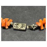 Vintage Coral Jewelry Set: Orange Branch Necklace, Gold Tone Brooch, and Native American Zuni Inlay Ring