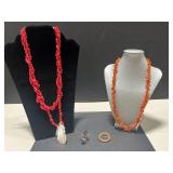 Vintage Coral Jewelry Set: Orange Branch Necklace, Gold Tone Brooch, and Native American Zuni Inlay Ring