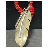 Vintage Coral Jewelry Set: Orange Branch Necklace, Gold Tone Brooch, and Native American Zuni Inlay Ring