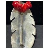 Vintage Coral Jewelry Set: Orange Branch Necklace, Gold Tone Brooch, and Native American Zuni Inlay Ring