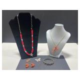 Coral and Silver Jewelry Set with Necklaces, Earrings, Brooch, and Bracelet