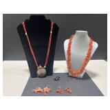 Vintage Coral Jewelry Set with Two Necklaces, Earrings, and Inlay Ring