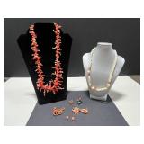 Vintage Coral and Shell Jewelry Collection with Sterling Silver Coral Turquoise Ring