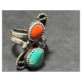 Vintage Coral and Shell Jewelry Collection with Sterling Silver Coral Turquoise Ring