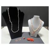 Vintage Coral Jewelry Set - Necklaces, Brooch, Ring, and Hoop Earrings