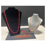 Vintage Coral Jewelry Set with Necklaces, Bracelet, Brooches, and Earrings