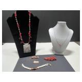 Vintage Coral and Shell Jewelry Collection - Necklaces, Brooch, Bracelet, and Pendant