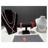 Coral Jewelry Collection Including Necklaces, Bracelets, Pin, Pendant and Ring