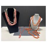 Collection of Coral and Bead Necklaces Including Multi-Strand, Branch, and Silver Accents