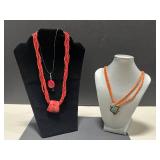Set of 2 Red Coral Beaded Necklaces with Silver and Stone Pendants