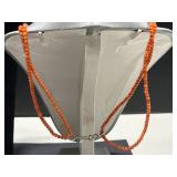 Set of 2 Red Coral Beaded Necklaces with Silver and Stone Pendants