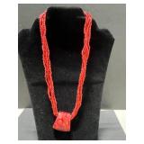 Set of 2 Red Coral Beaded Necklaces with Silver and Stone Pendants