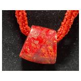 Set of 2 Red Coral Beaded Necklaces with Silver and Stone Pendants