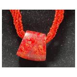 Set of 2 Red Coral Beaded Necklaces with Silver and Stone Pendants