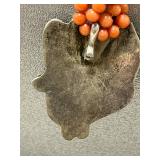 Set of 2 Red Coral Beaded Necklaces with Silver and Stone Pendants