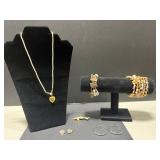 Jewelry Collection: 1928 Sandy Heart Necklace, Fish Brooch, Heart Pins, Bracelets, Hoop Earrings