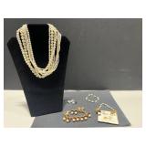 Vintage Pearl Jewelry Set with Multistrand Necklace, Tiger Eye Sweater Guard, and Bracelet