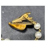 Vintage Pearl Jewelry Set with Multistrand Necklace, Tiger Eye Sweater Guard, and Bracelet