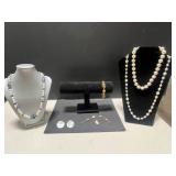 Lot of Pearl Necklaces, Earrings, Sterling Bracelet, Gold Tone Bracelet and Pendant