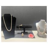 Vintage Jewelry Lot with Sterling Perfume Bottle, Shell Necklaces, and Flower Brooch