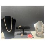 Vintage Jewelry Lot with Sterling Perfume Bottle, Shell Necklaces, and Flower Brooch