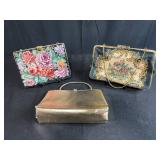 Set of 3 Vintage Handbags Including Floral Needlepoint and Metallic Purse