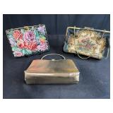 Set of 3 Vintage Handbags Including Floral Needlepoint and Metallic Purse