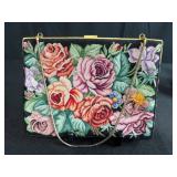 Set of 3 Vintage Handbags Including Floral Needlepoint and Metallic Purse