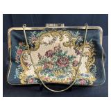 Set of 3 Vintage Handbags Including Floral Needlepoint and Metallic Purse