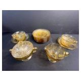 Amber Depression Glass Tea Set with Cups, Saucers, Sugar Bowl and Creamer