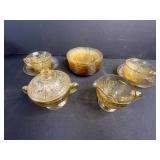 Amber Depression Glass Tea Set with Cups, Saucers, Sugar Bowl and Creamer