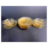 Amber Depression Glass Tea Set with Cups, Saucers, Sugar Bowl and Creamer