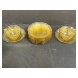 Amber Depression Glass Tea Set with Cups, Saucers, Sugar Bowl and Creamer