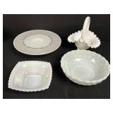Set of 4 Vintage White Milk Glass Decorative Dishes and Basket