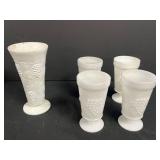 Set of 4 Vintage Milk Glass Goblets and Large Vase with Grape Motif