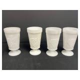 Set of 4 Vintage Milk Glass Goblets and Large Vase with Grape Motif
