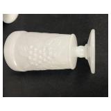 Set of 4 Vintage Milk Glass Goblets and Large Vase with Grape Motif