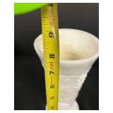 Set of 4 Vintage Milk Glass Goblets and Large Vase with Grape Motif