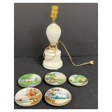 Milk Glass Hobnail Table Lamp and Set of 4 Hand Painted UCAGCO China Miniature Plates