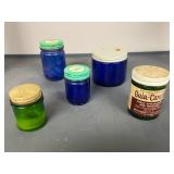 Set of 5 Vintage Apothecary Jars - Vicks, Guia-Camph, Mentholatum, Cobalt and Green Glass
