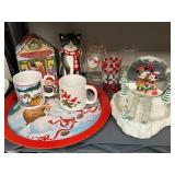 Holiday Decor Collection with Mickey and Minnie Snow Globe, Cat Figurine, Christmas Tin, Mugs, and Glassware