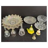 Collection of Decorative Glass, Porcelain, and Brass Bells with Crystal Dishes