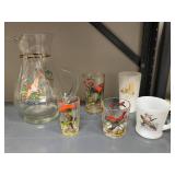 Vintage Mid-Century Game Bird Pitcher and Mixed Glassware Set