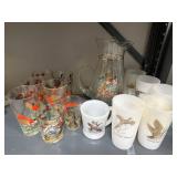 Vintage Mid-Century Game Bird Pitcher and Mixed Glassware Set